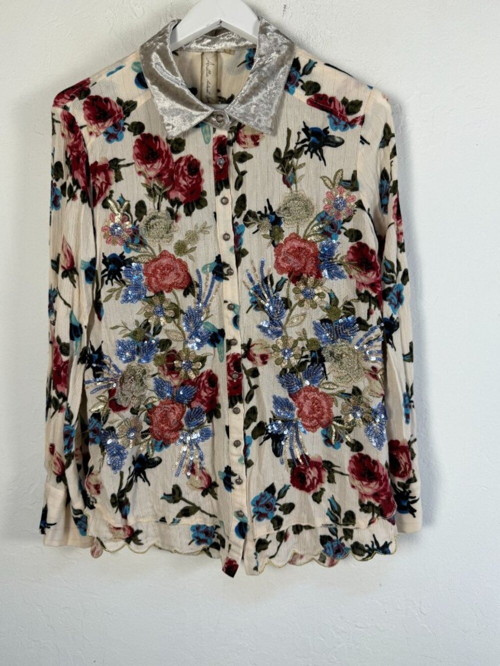 Aratta Silent Journey Floral Sequin Embroidered Blouse Velvet Collar Boho Medium